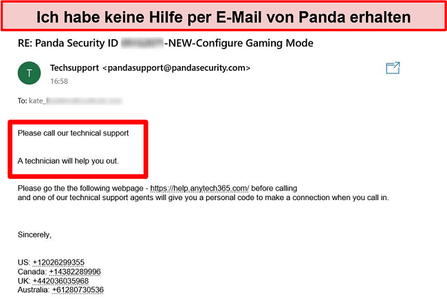 Screenshot der E-Mail, die vom technischen Support von Panda erhalten wurde