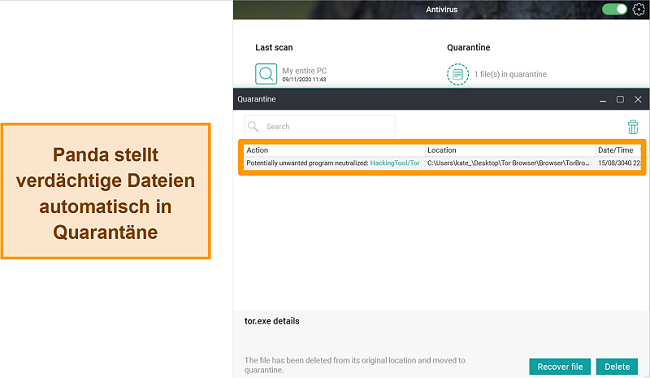 Screenshot von Pandas Quarantänefunktion mit hervorgehobener Quarantänedatei.