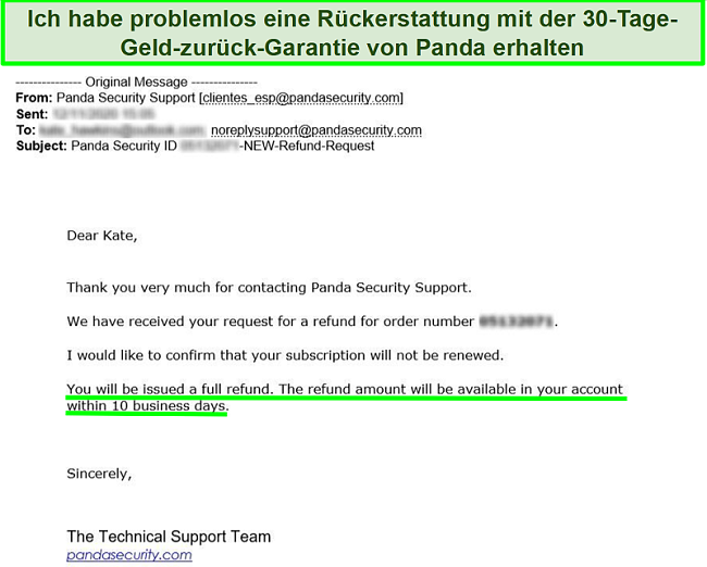 E-Mail mit der vollständigen Rückerstattung, die von Panda Antivirus mit der 30-tägigen Geld-zurück-Garantie genehmigt wurde