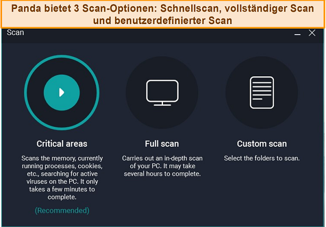 Screenshot der 3 verschiedenen Scanoptionen von Panda.
