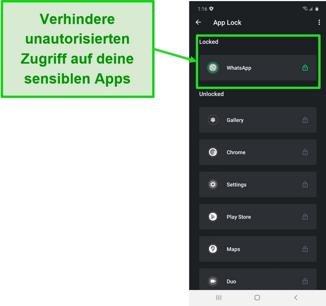 Screenshot mit der App Lock-Funktion in der Android-App von TotalAV