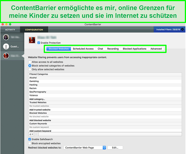 Screenshot der ContentBarrier-Oberfläche mit verschiedenen Einstellungen für die Kindersicherung
