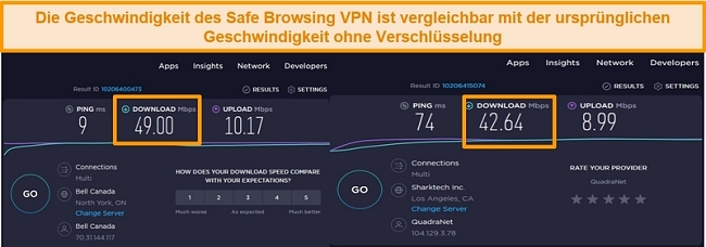 Screenshot zum Vergleich der Geschwindigkeit von ungesicherten und US-Server-VPN-Verbindungen