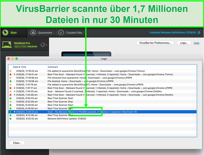 Screenshot der Intego-Viren-Scan-Protokolle, aus denen hervorgeht, dass 1,7 Millionen Dateien in 30 Minuten gescannt wurden