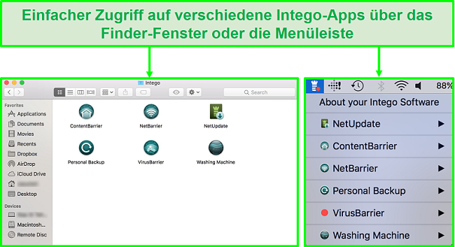 Screenshot, wie Sie über das Finder-Fenster oder die Menüleiste auf verschiedene Intego-Apps zugreifen können