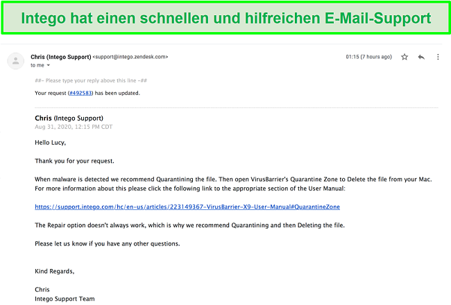 Screenshot einer schnellen und hilfreichen E-Mail-Konversation mit Intego-Supportmitarbeitern.