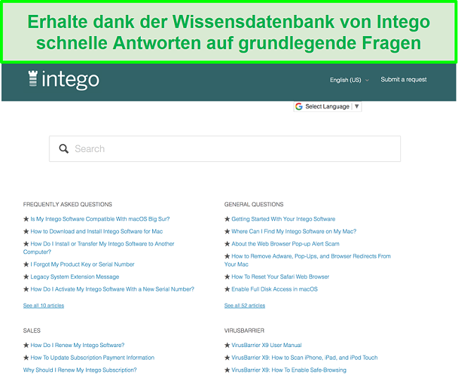 Screenshot der Wissensdatenbank von Intego mit allgemeinen Fragen und Antworten