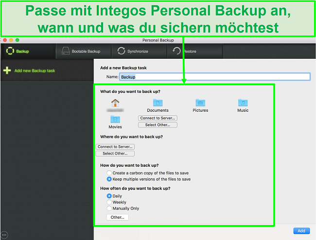 Screenshot der Intego Personal Backup-Oberfläche mit anpassbaren Datensicherungsoptionen