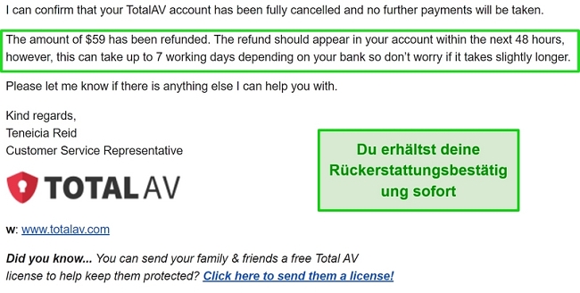 Screenshot der Bestätigungs-E-Mail von TotalAV
