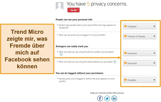 Screenshot der Datenschutzfunktion für soziale Medien von Trend Micro