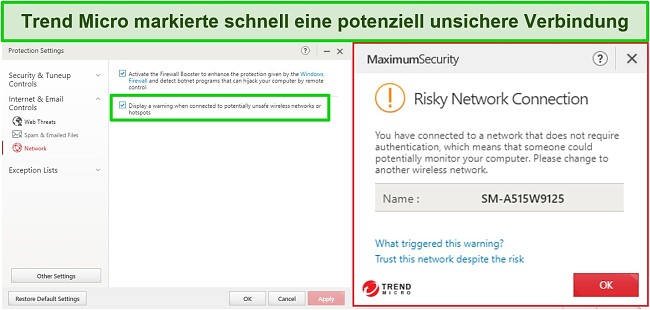 Screenshot von Trend Micro, das eine riskante Verbindung blockiert