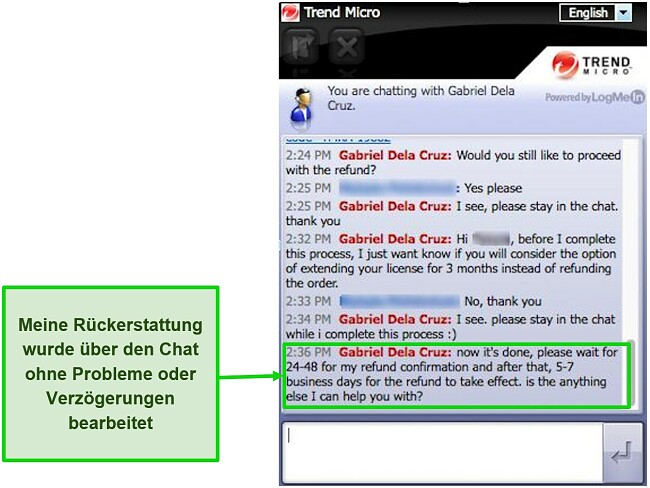 Screenshot der Rückerstattungsanforderung über den Live-Chat von Trend Micro