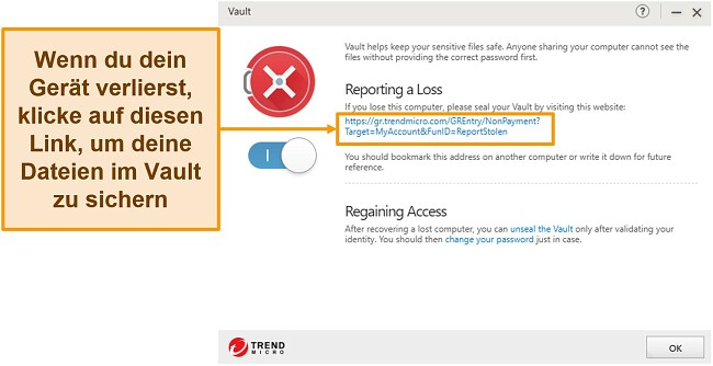 Screenshot der Einstellungen von Trend Micro Vault