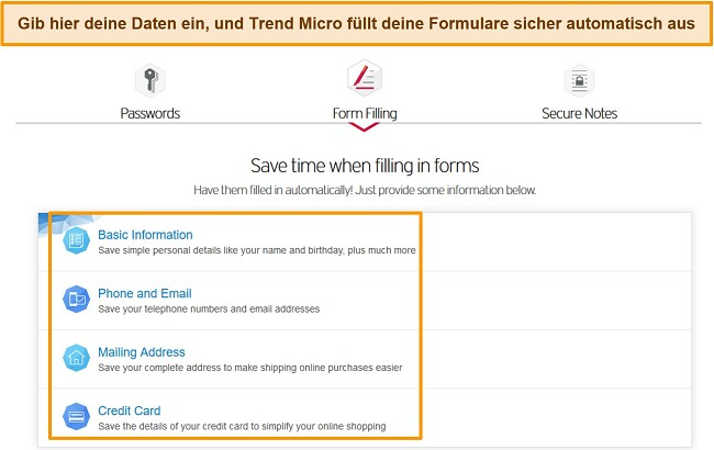 Screenshot der Optionen zum automatischen Ausfüllen von Trend Micro Password Manager