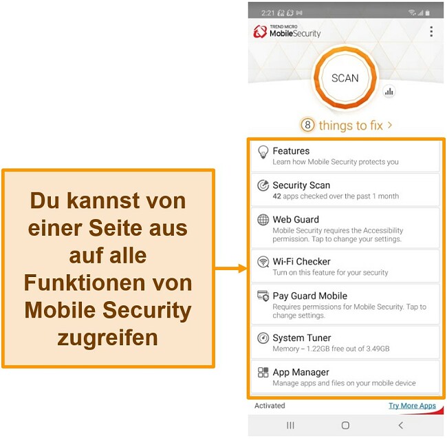 Screenshot der mobilen Sicherheitsschnittstelle von Trend Micro