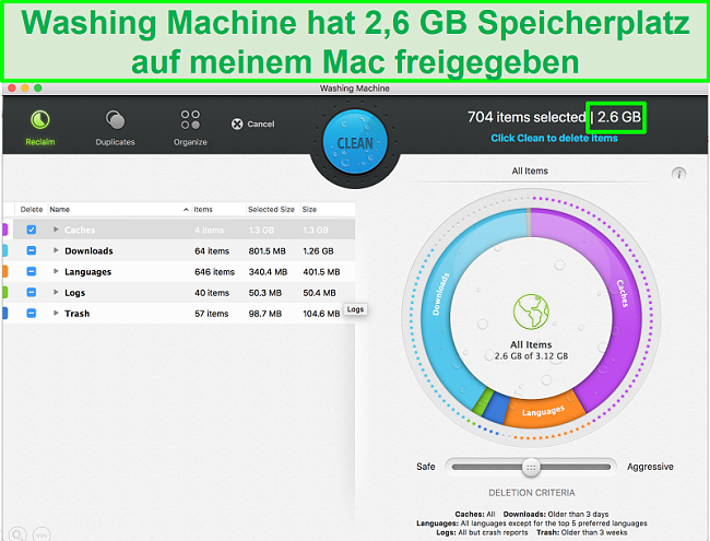 Screenshot der Waschmaschinenfunktion auf Intego zur Identifizierung der zu löschenden Junk-Dateien