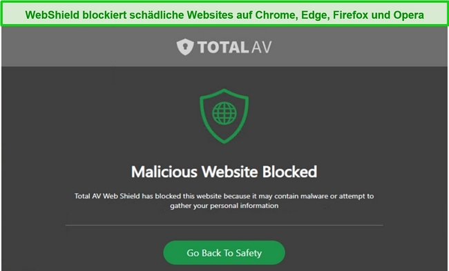 Screenshot von TotalAVs WebShield, das den Zugriff auf eine schädliche Website blockiert