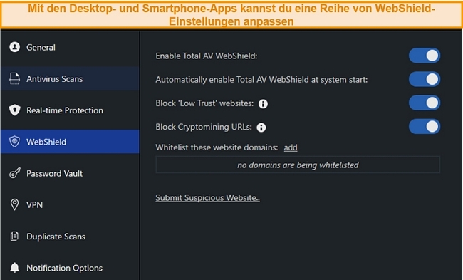 Screenshot der WebShield-Einstellungen in der TotalAV-Desktop-App