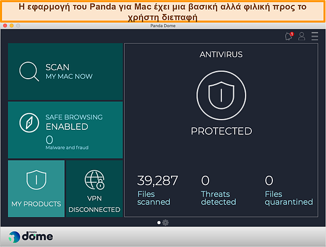 Στιγμιότυπο οθόνης της διεπαφής εφαρμογής Panda σε Mac.
