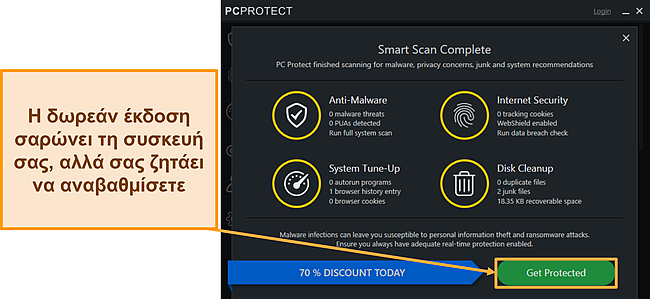 Στιγμιότυπο οθόνης του PC Protect δωρεάν έκδοση που εκτελεί σάρωση πριν σας πει να κάνετε αναβάθμιση.