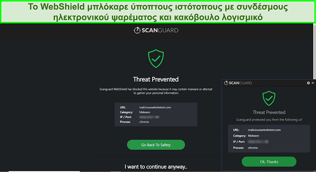 Στιγμιότυπο οθόνης της λειτουργίας WebShield της Scanguard που αποκλείει την πρόσβαση σε δοκιμαστικό ιστότοπο κακόβουλου λογισμικού.