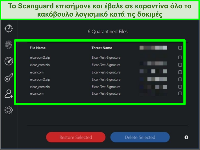 Στιγμιότυπο οθόνης της καραντίνας του Scanguard με πολλά αρχεία δοκιμών κακόβουλου λογισμικού.