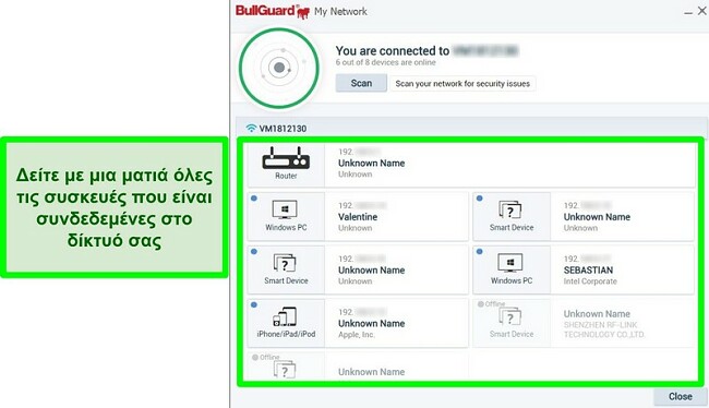 Στιγμιότυπο οθόνης του σαρωτή δικτύου BullGuard και συσκευών που συνδέονται ενεργά σε δίκτυο
