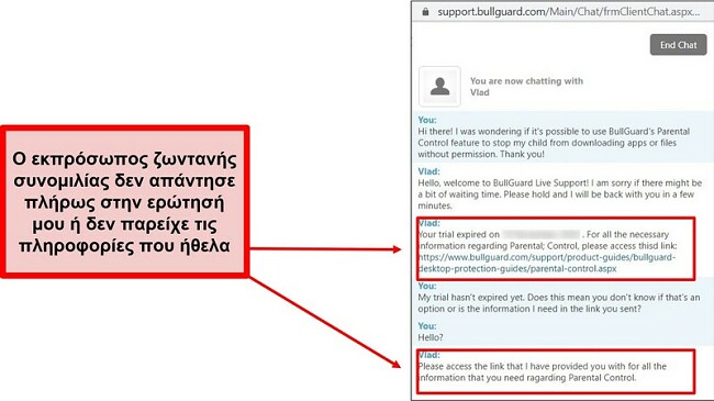 Στιγμιότυπο οθόνης της υποστήριξης ζωντανής συνομιλίας του BullGuard.