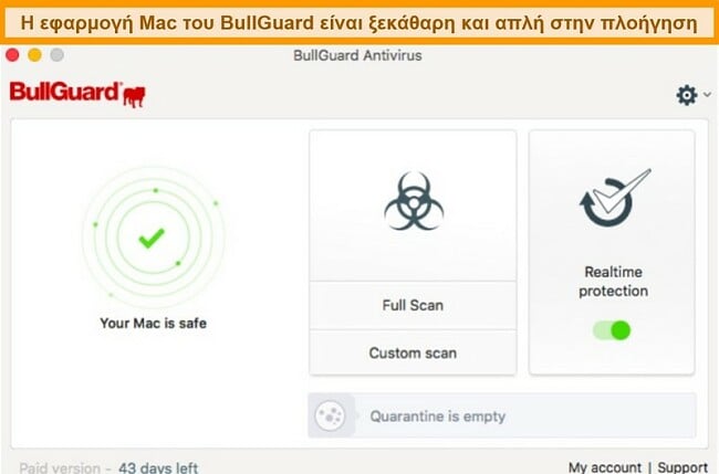 Στιγμιότυπο οθόνης της κύριας διεπαφής του BullGuard για Mac
