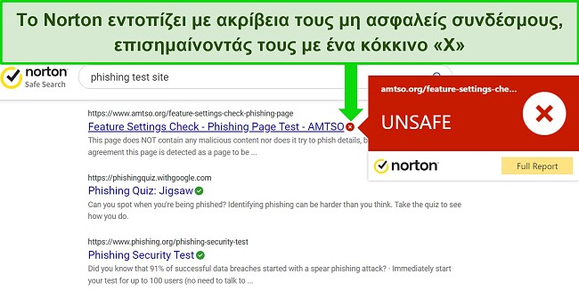 Στιγμιότυπο οθόνης της επέκτασης του προγράμματος περιήγησης Safe Search του Norton που εντοπίζει με ακρίβεια ασφαλείς και μη ασφαλείς διευθύνσεις URL