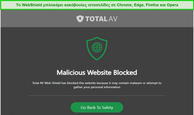 Στιγμιότυπο οθόνης του WebAVield της TotalAV που αποκλείει την πρόσβαση σε κακόβουλο ιστότοπο