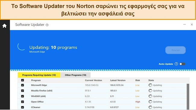 Στιγμιότυπο οθόνης του Norton's Software Updater που ενημερώνει 10 προγράμματα για προστασία από ευπάθειες εφαρμογών.