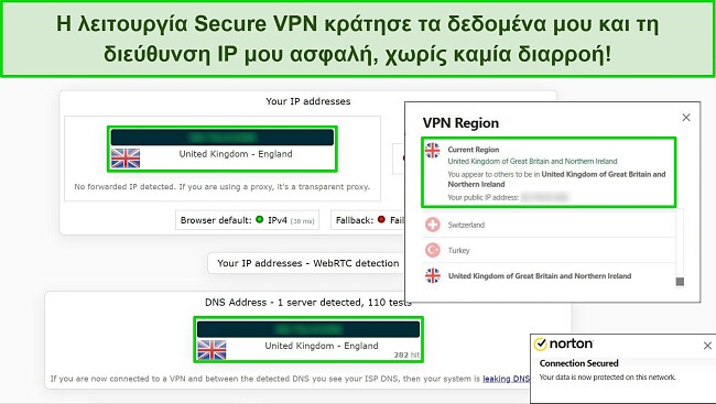 Στιγμιότυπο οθόνης του ασφαλούς VPN του Norton που είναι συνδεδεμένο σε διακομιστή ΗΒ, με τα αποτελέσματα μιας δοκιμής διαρροής IP να μην δείχνουν διαρροές δεδομένων.