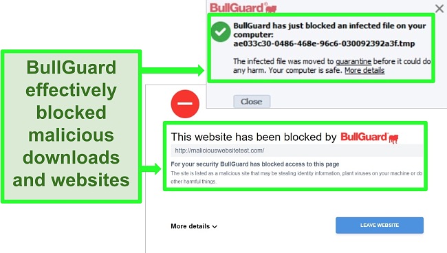 Screenshot of BullGuard's website and download blocks.