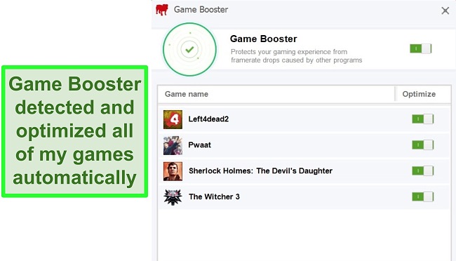 Screenshot of BullGuard's Game Booster feature with list of automatically optimized games.