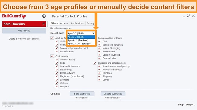Screenshot of BullGuard's Parental Control settings and profile filters.