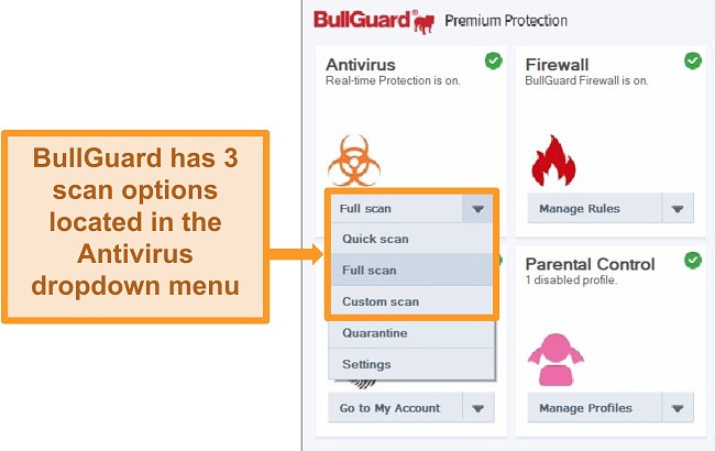 Screenshot of BullGuard's scan options.