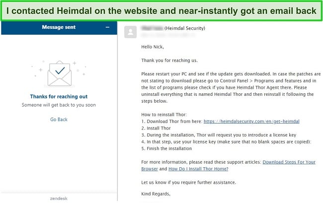 Screenshot of Heimdal Security Antivirus email support