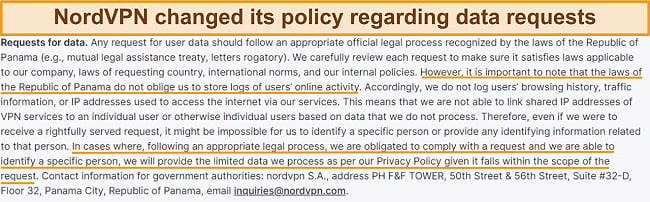 Screenshot of NordVPN's privacy policy stating that it will cooperate with the authorities when asked to provide customer data