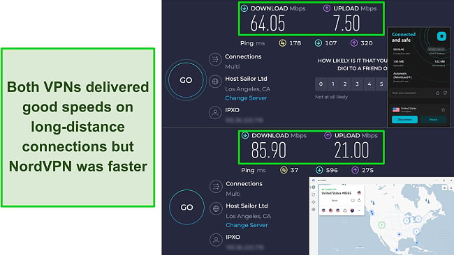 Screenshot of Los Angeles server speed test results comparing NordVPN and Surfshark