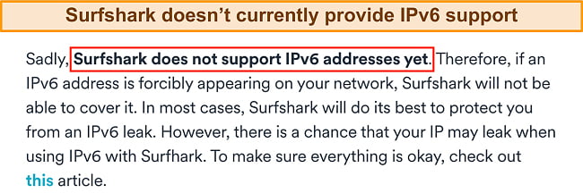 Screenshot of Surfshark's statement on its website that it doesn't support IPv6