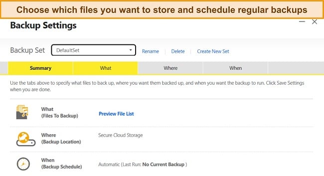 Screenshot of Norton's Backup Settings feature on Windows.