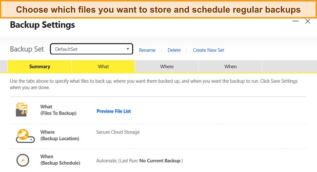 Screenshot of Norton's Backup Settings feature on Windows.