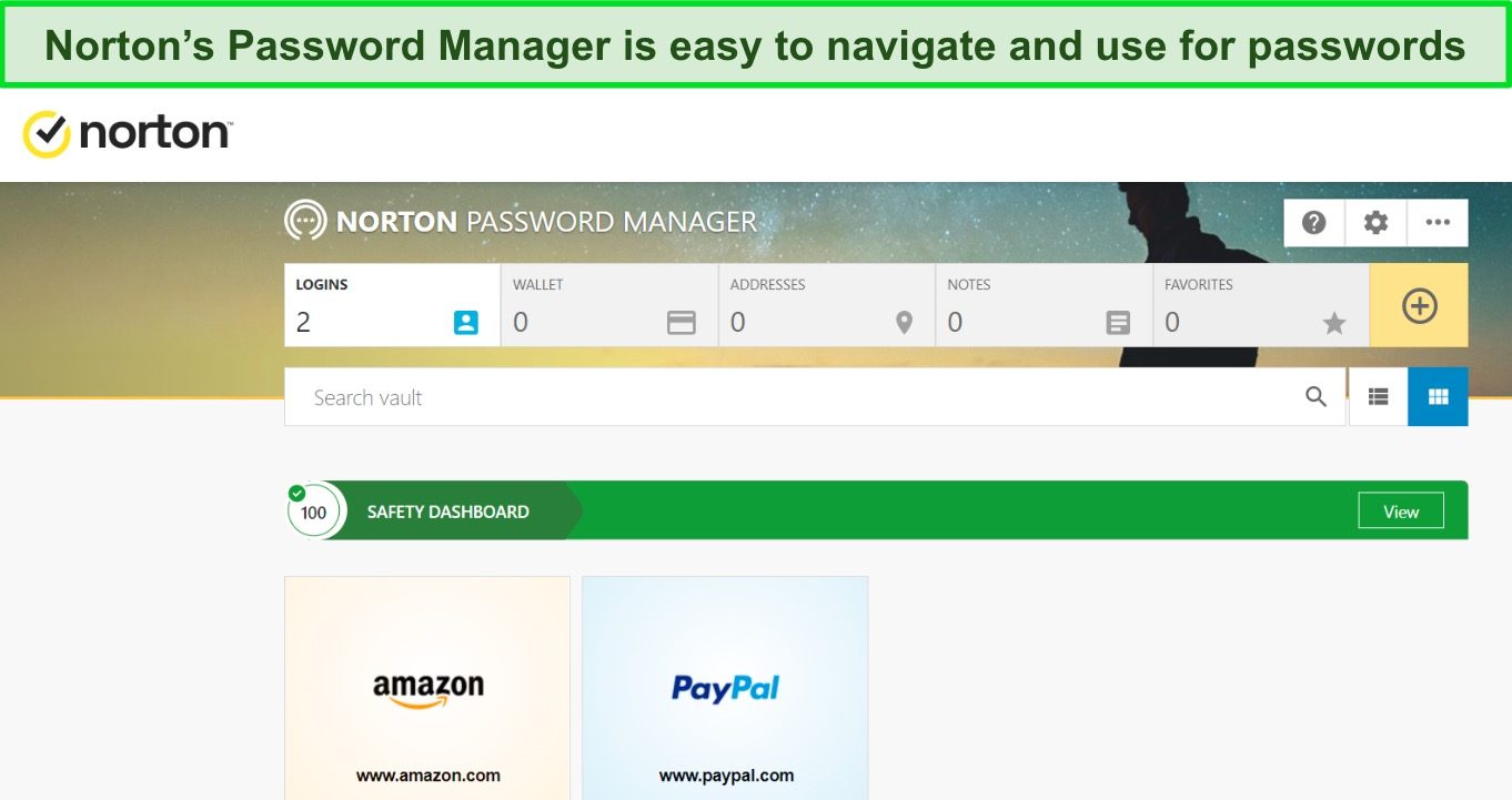 Screenshot of Norton's password manager feature.