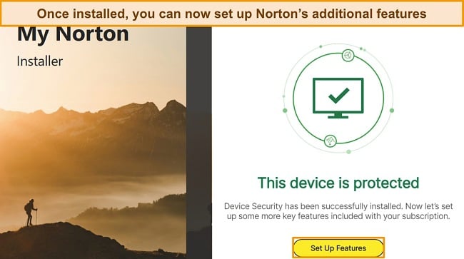Screenshot of Norton's interface after installation is complete, with a highlight focusing on the 