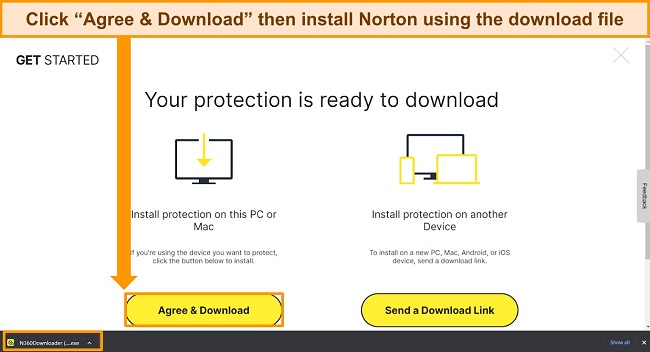 Screenshot of the Agree & Download Norton webpage, highlighting the installation file.