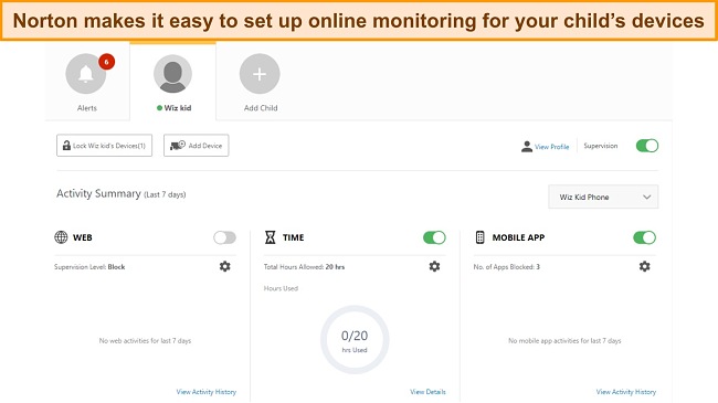 Screenshot of Norton's parental controls features.