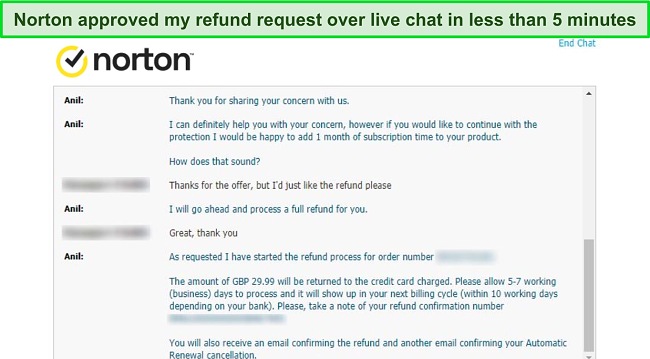 Screenshot of Norton's 24/7 live chat agent processing a refund request.