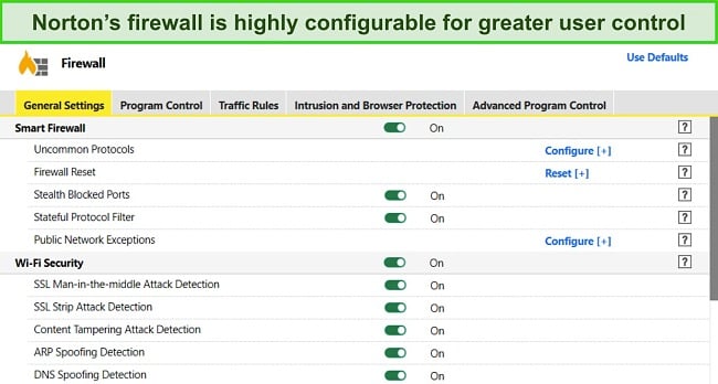 Screenshot of Norton's Firewall settings showing high level of customizability.