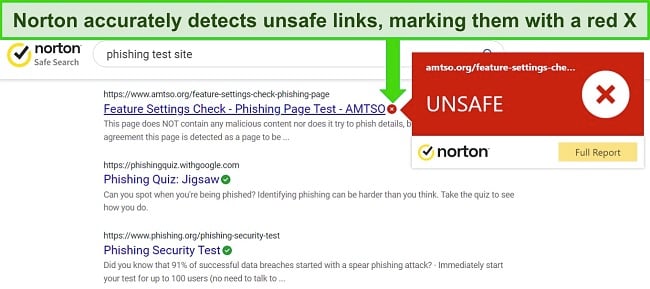 Screenshot of Norton's Safe Search browser extension accurately detecting safe and unsafe URLs.